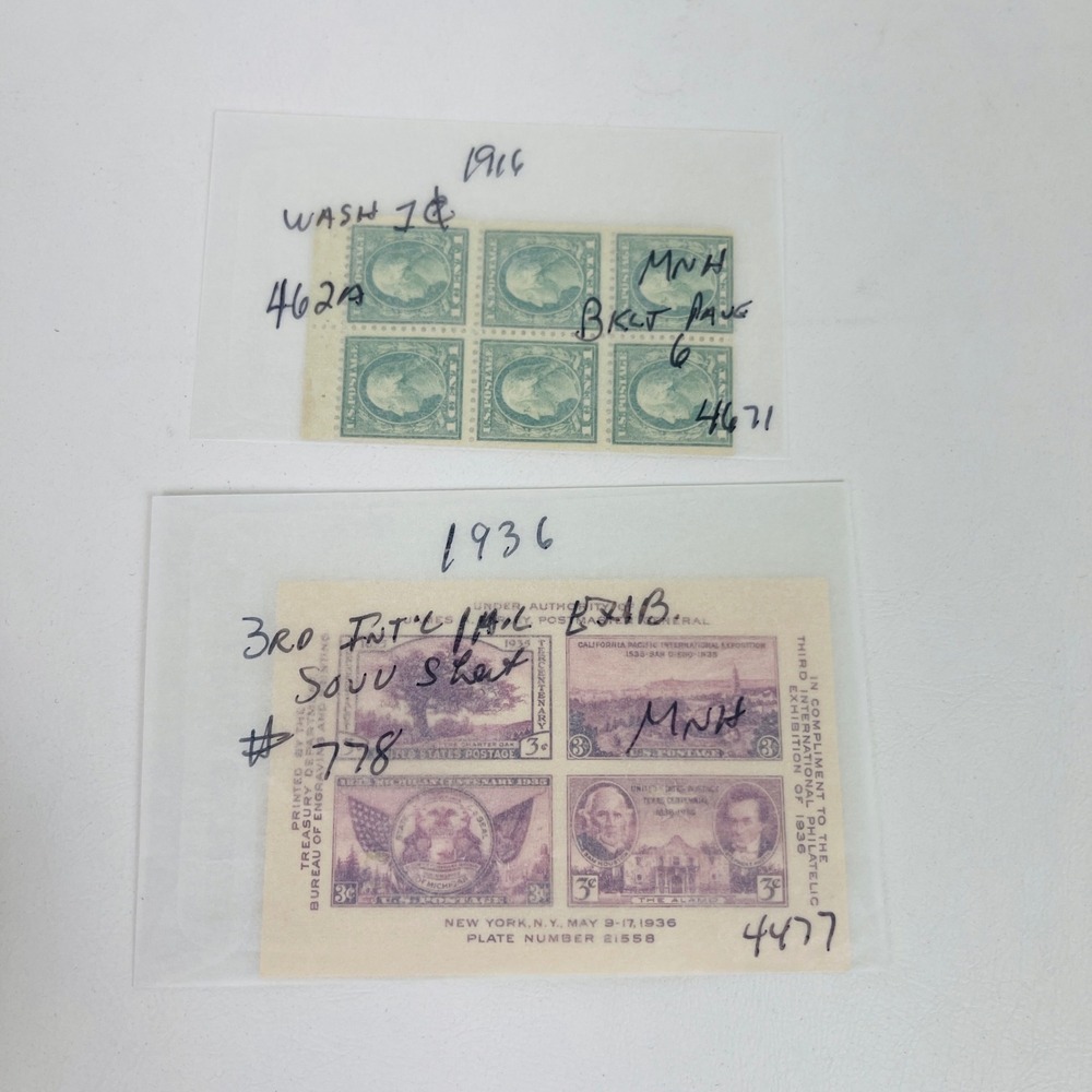US Stamps 1936 TIPEX Souvenir Sheet 778 and 1916 Washington Booklet Pane 462a